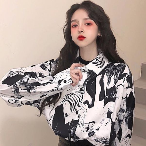 

women's blouses & shirts punk graffiti graphic print long sleeve loose contrast women korean blouse autumn harajuku fashion blusas shir, White