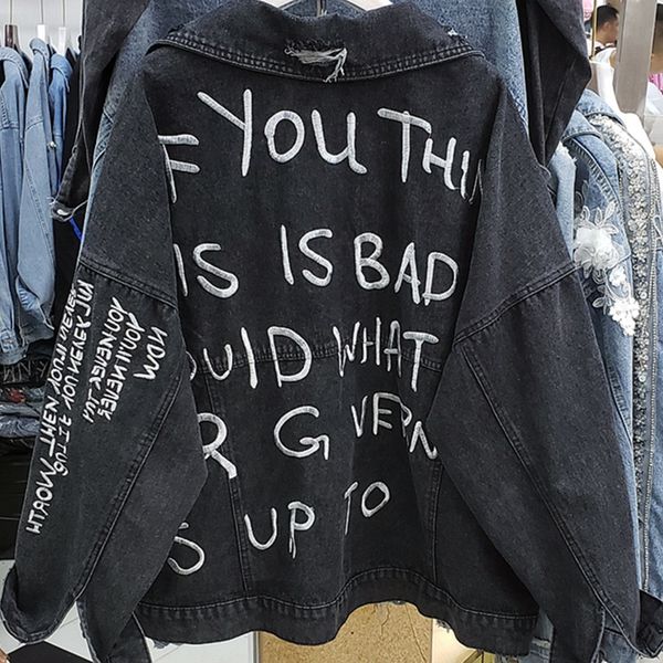 

loose letter embroidery women harajuku large size denim coat single-breasted turn down collar female jacket 200919, Black;brown