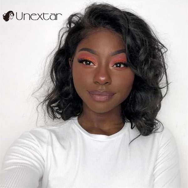 

lace wigs unextar 13x4 frontal wig body wave short bob human hair peruvian front for women, Black;brown