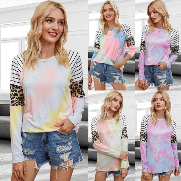 

casual dresses autumn and winter women's tie dyed leopard t-shirt, Black;gray