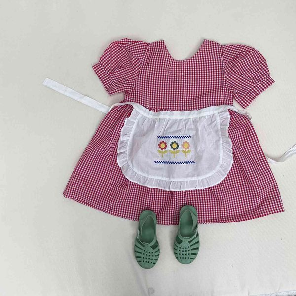 

1-6t toddler kids baby girls clothes cotton lattice short sleeve summer dress elegant cute sweet lovely outfit with bib 210413, Red;yellow