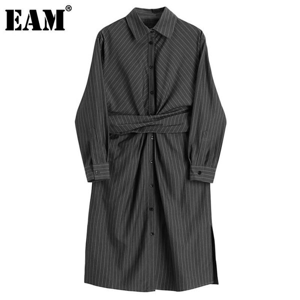 

[eam] women vintage striped knot big size dress lapel long sleeve loose fit fashion tide spring autumn 2021 1dd1018 casual dresses, Black;gray