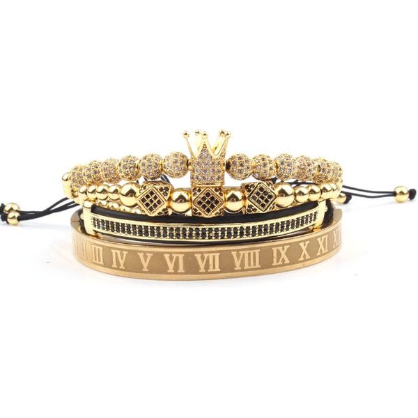 

beaded, strands 4pcs/set queen king crown couple lover bracelets stainless steel bangle luxury cz stones inlaid men women jewelry, Black