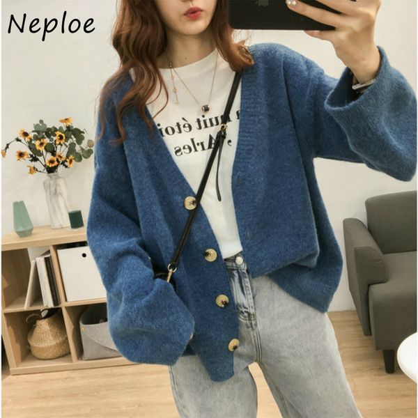 

autumn and winter drop-shoulder long sleeve knitted cardigans solid sweet fresh single breasted women sweaters 82363 210430, White