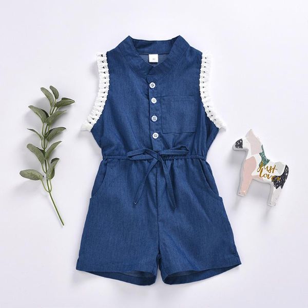 

trousers little girl's solid color short pants jumpsuits sleeveless single breasted shirt collar bodysuit with waist drawstring 2-7 yea, Blue