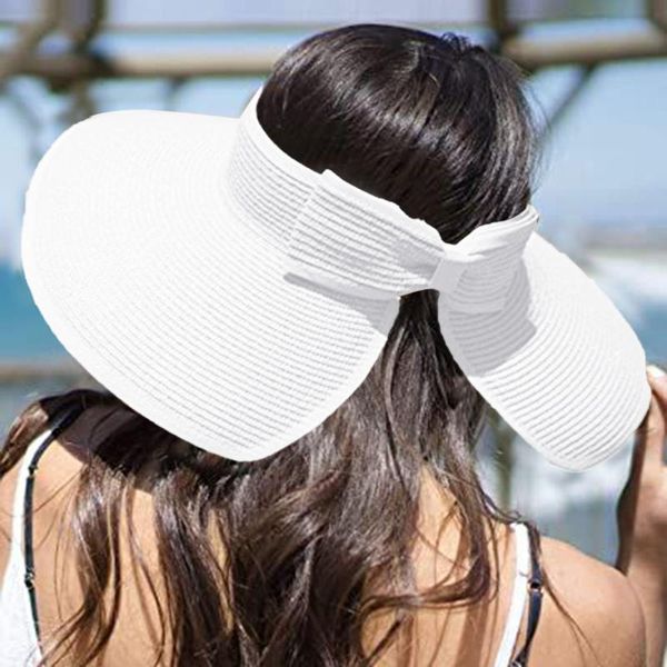 

summer hat women's sun visor fashion conciseness wide rollable drafting ladies bow straw chapeau femme beach outdoor hats, Black;white