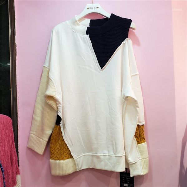

[ewq] 2021 autumn winter long-sleeved stitching hem slit hitting color trendy ladies hedging knitting large size sweatshirt q5741, Black