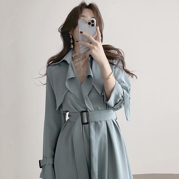 

women's trench coats coat korean chic french elegant lapel design buckle lace up waist over knee long sleeve windbreaker dress women, Tan;black