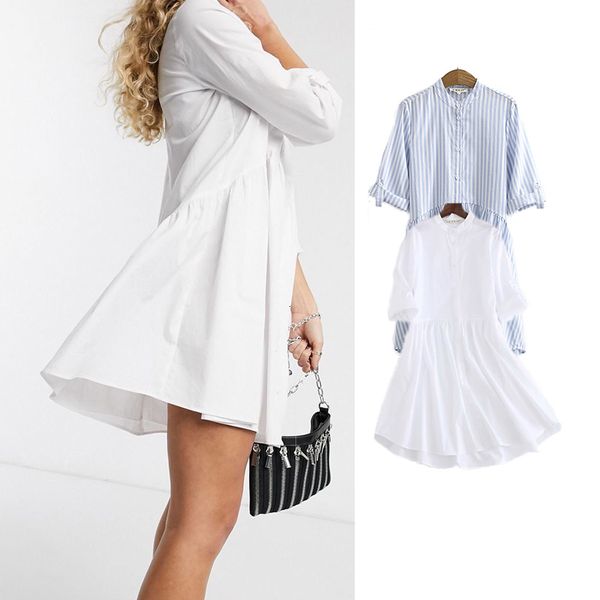 

casual dresses 2021 spring ladies fashion cotton striped poplin stand collar shirt dress slim sleeves vestidos chic evening tcpb, Black;gray