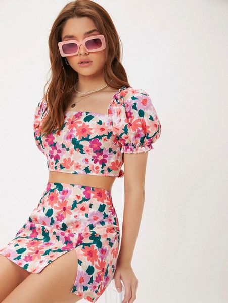 

floral print puff sleeve tie backless w37i#, White