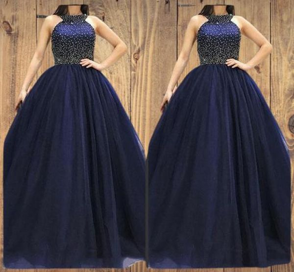 

2022 design halter dark navy a line prom dress major beaded formal evening dresses floor length satin tulle fashion women party gowns, Black