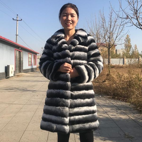 

women's fur & faux 2021 high fashion jacket coat natural rex overcoat women long outwear, Black