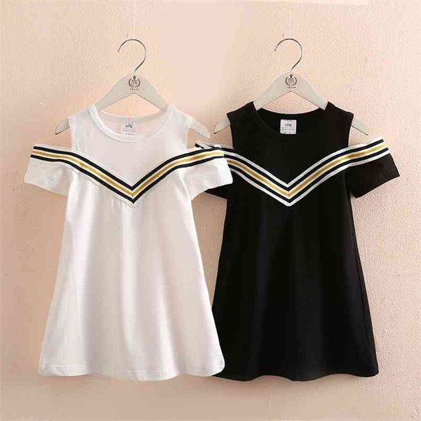 Crianças o-pescoço listra vestido verão moda 2 3 4 6 8 10 12 anos algodão casual simples fora do ombro para bebê menina 210625