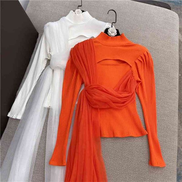 

deat summer women new fashion high collar long sleeve hollowed out patchwork mesh edge knitted bottoming rd721 210401, White