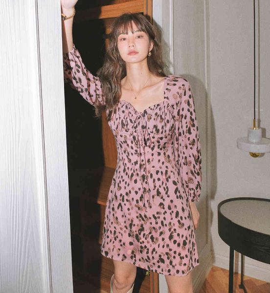

women's jackets mini leopard print waist slimming square collar long sleeve drawstring casual dress ved6, Black;brown