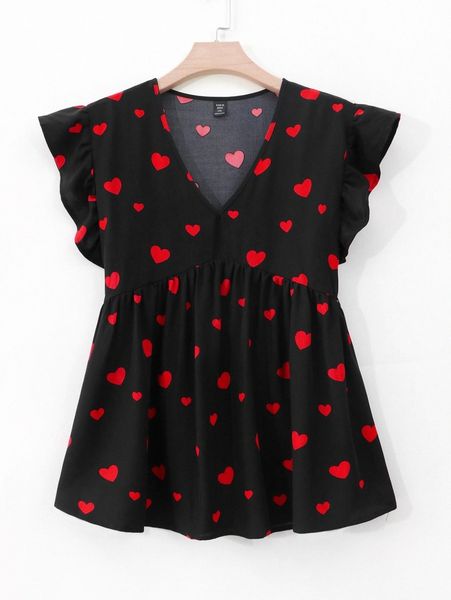 

plus heart print ruffle trim blouse x9ta#, Black