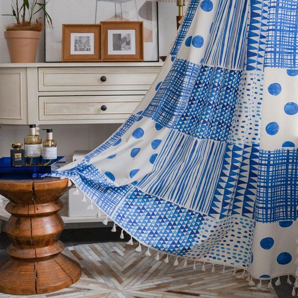 

curtain & drapes farmhouse geometric printed splicing panel with tassels darkening cotton window treatment for living room bedroom tj6483