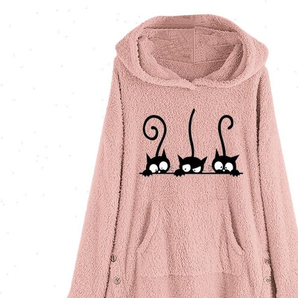 

plus size fleece cat women hoodies embroidery warm button autumn winter long sleeve sweatshirts hoody ladies y7, Black