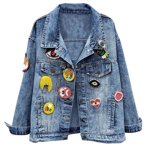 

women's jackets 2021 spring vintage denim jacket women badge patch short coat fashion students jeans loose basic tide g005, Black;brown