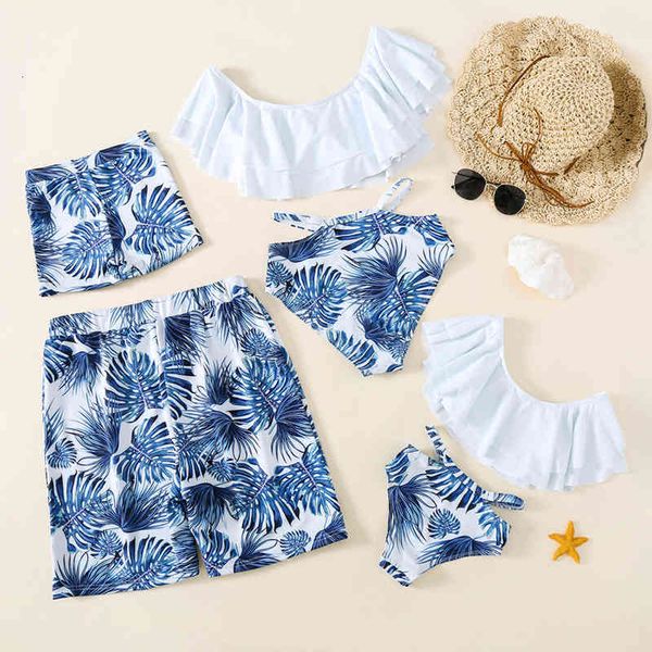 

2019 overseas parent child swimsuit beach pants ruffle bikini, White;black