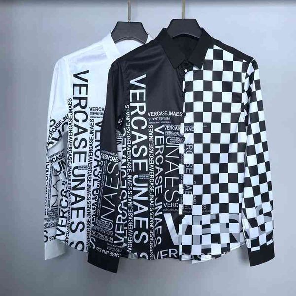 

men's spring and autumn long sleeve shirt slim stitching black white plaid printed fashion hsome 210809, White;black