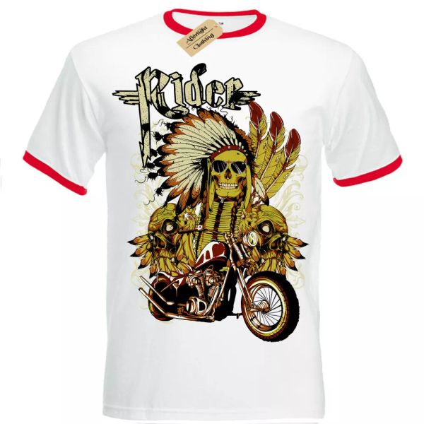 

indio rider camiseta estilo motero biker calavera jefe hombre ringer, White;black