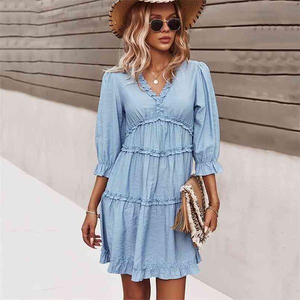 

summer retro v-neck ruffles dress casual holiday a-line solid for womens beach mini vestidos clothing 210508, Black;gray