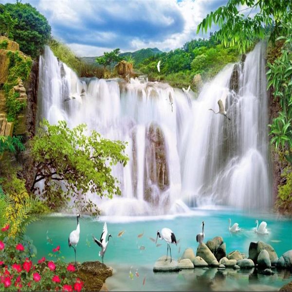 

wallpapers 3d blue sky white clouds mountains and waterfalls beautiful scenery tv background decorative painting