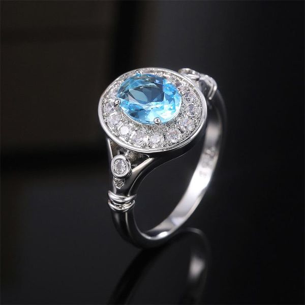 

wedding rings caoshi 2021 charms bridal for women silver color luxury inlaid oval sky blue zirconia trendy female jewelry gifts, Slivery;golden