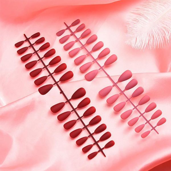 

false nails 28pcs/strips pure color short ballet wearable fake press on pointed head full cover detachable manicure tools, Red;gold