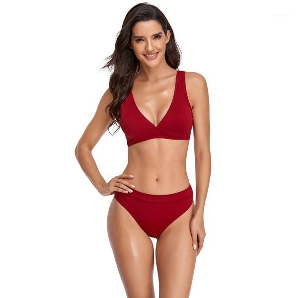 

women's swimwear solid color ribbed fabric high waist bikini beach split swimsuit women, White;black