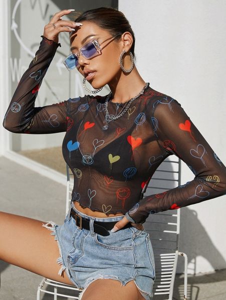 

heart print sheer lettuce trim mesh 99zf#, White