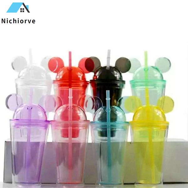 

8 colors 15oz acrylic tumbler with dome lid plus straw double wall clear plastic tumblers with mouse ear reusable cute drink cup lovely cx22