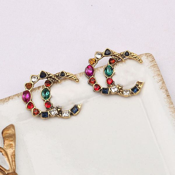 

18k gold plated 925 silver luxury brand designers letters stud geometric famous women colorful crystal rhinestone pearl earring wedding part, Golden;silver