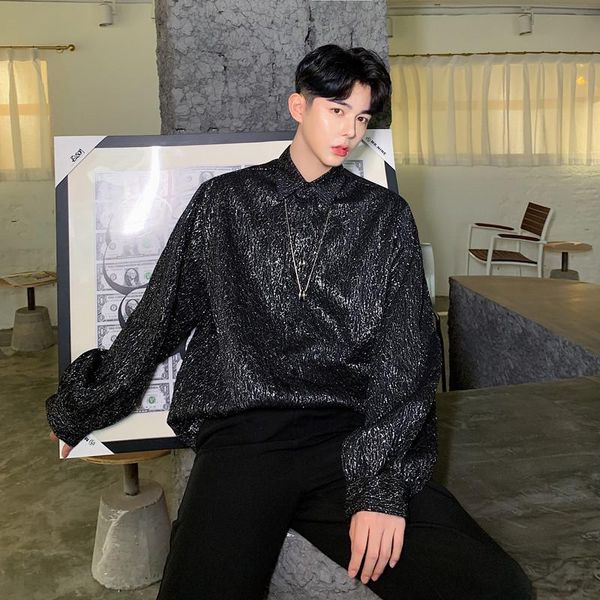 

men's casual shirts men hip hop streetwear vintage fashion long sleeve bright shining loose shirt male party dress stage clothing, White;black