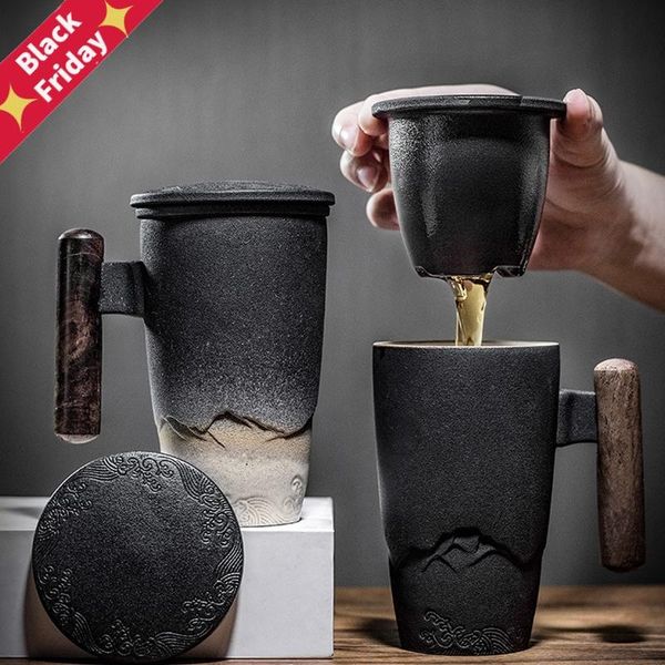 

mugs luxury retro tea cup ceramic mug large capacity office filter black water with cover wooden handle cups gift ideas box