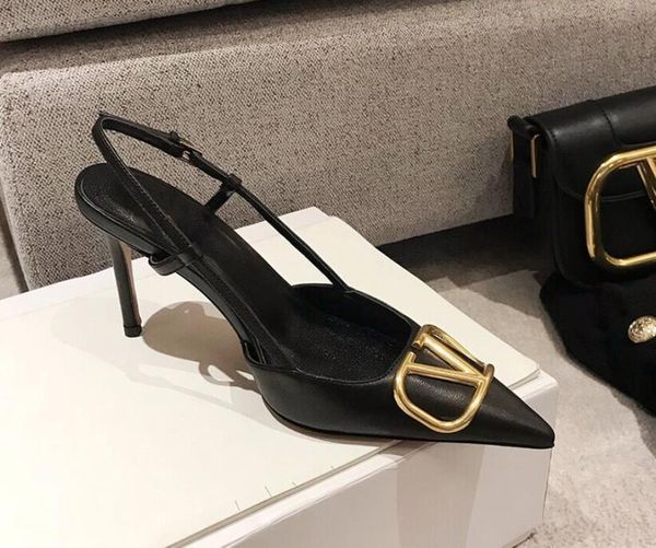 

sandals brand designer shoes women slingback heels pumps pointed toe stiletto evening party for zapatos de mujer ln27, Black