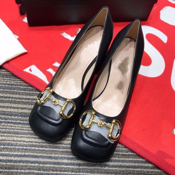 

2021 new candy color horsebit buckle square toe thick heel high heels female mary jane retro leather shoes mkj0002, Black