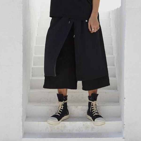 

men's pants summer slouchy wide-leg casual culottes shorts fake two pieces cropped hip hop yamamoto style, Black