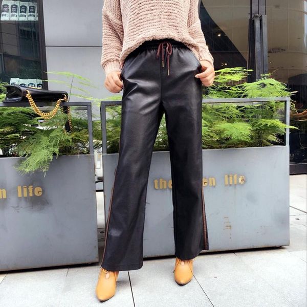 

women's pants & capris women pu leather loose wide leg elastic waist ankle length straight slim faux trousers female, Black;white