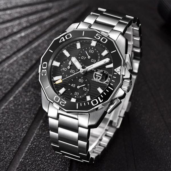 

wristwatches pagani design 2021 business luxury timing watches stainless steel 100m waterproof quartz mens ceramic bezel watch box, Slivery;brown