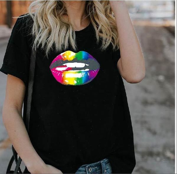 

rainbow lip print womens t shirt women short sleeve o neck loose summer fashion tee camisetas mujer, White