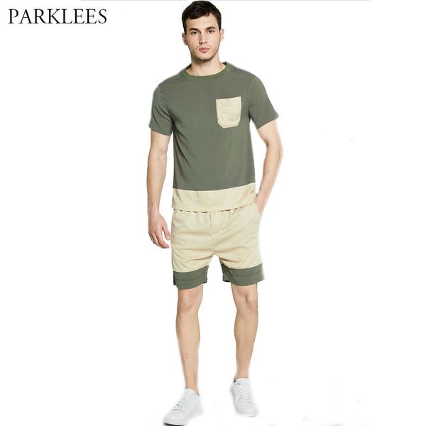 Patchwork Men Estate Tshirt 2 pezzi Set Top + Shorts Casual Mens Sportswear O Collo con tasca Pocket Uomo Skinsuit Sweatsuit 210524