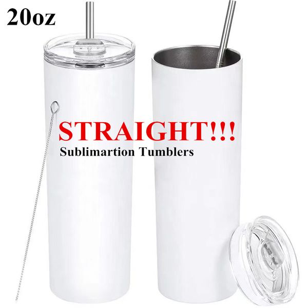 

straight 20oz diy sublimartion straight tumblers with straw lid stainless steel water bottles drinkwar cups office party mugs birthday gifts