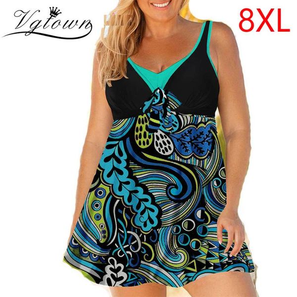 

plus size 8xl swimwear flower print open back swimdress and shorts large swimsuit women tankini beach wear bathing suiplus one-piece suits