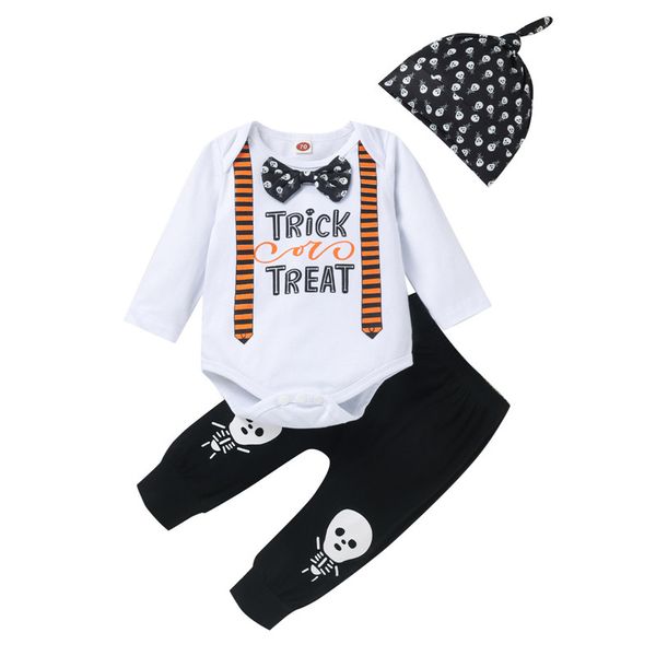 Halloween desenhos animados recém-nascidos bebê menino roupas truque carta luva longa o pescoço algodão romper playsuit tops chapéu kid roupas conjunto