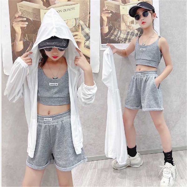 

clothing sets girls 3pcs sports clothes summer children fashion sun protection jacket yest short suits for baby 3 to 10 years kids outfit, White