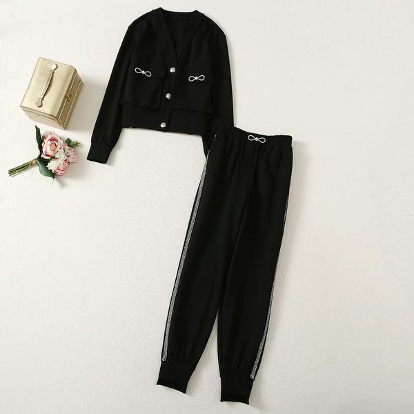 

pants autumn diamond-studded bow long-sleeve neckline jacket thin, White