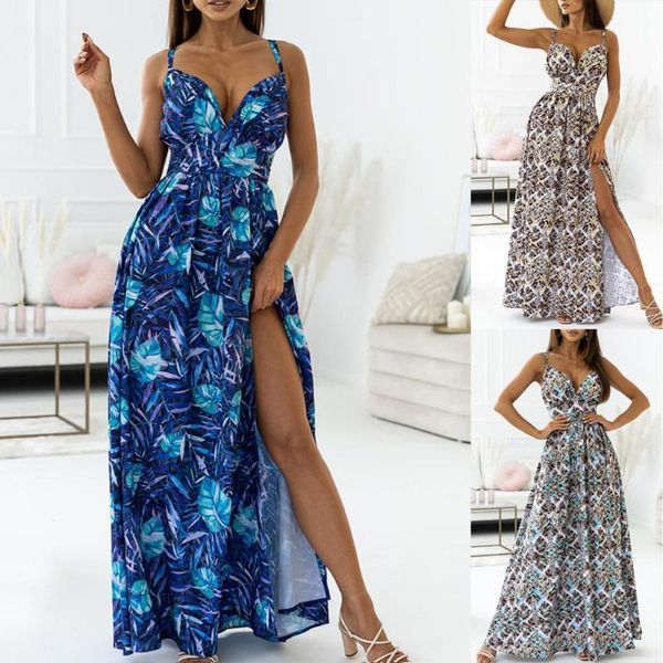 

casual dresses summer beach maxi dress women ethnic floral print split v neck backless sling for long elegant, Black;gray