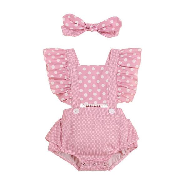 

jumpsuits summer baby girls dots print romper + headband cotton ruffles sleeveless infant rompers born clothes, Blue
